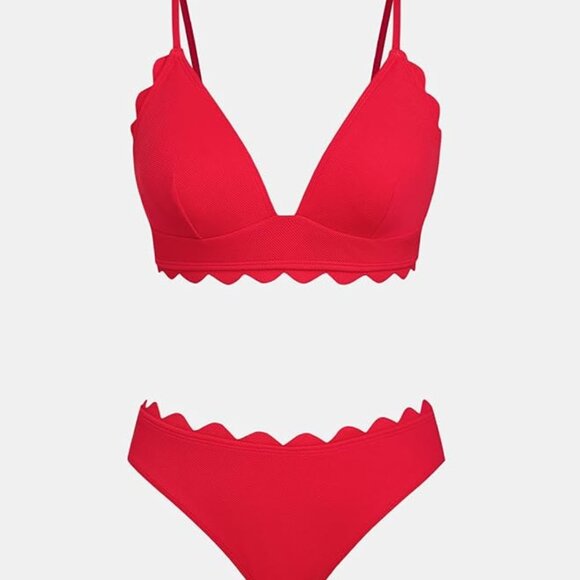 NWT Size Large CUPSHE Women's Bikini Swimsuit Scalloped V Neck Lace Up Low Waist - Picture 1 of 4